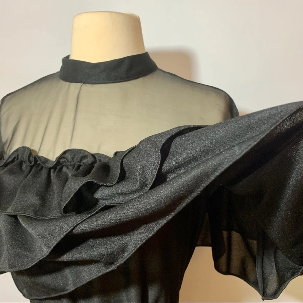 Vintage Black Sheer Neckline Ruffle Off Shoulder Bodice Fit Flare Cocktail Dress - Picture 4 of 8